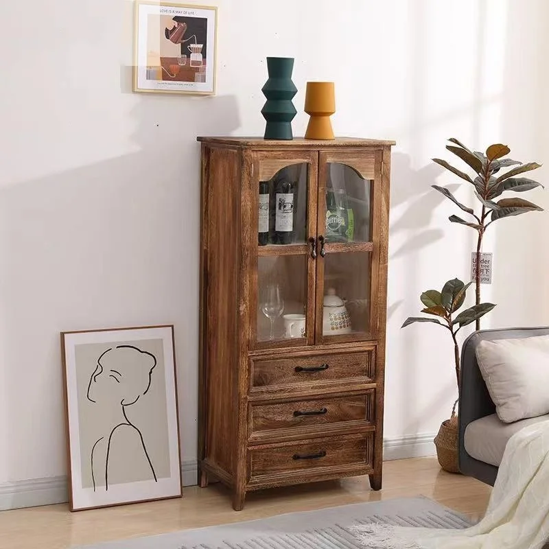 Living room solid wood wine cabinet bookcase American display cabinet against the wall vintage multifunctional storage cabinet