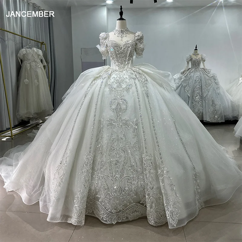 Elegant Wedding Dresses For Women Organza Ball Gown Short Sleeves Wedding Gowns Pearls Xs054