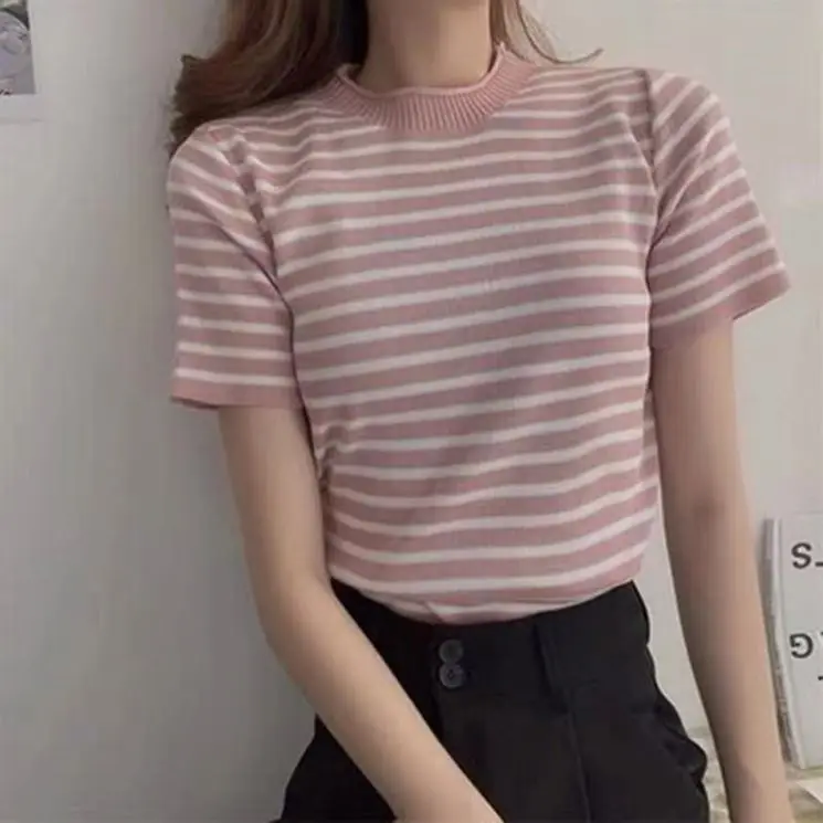 New Arrival Summer Striped Knit T-shirt for Women Short Sleeve Round Neck Thin Knitwear Blouse Girls Casual Tops