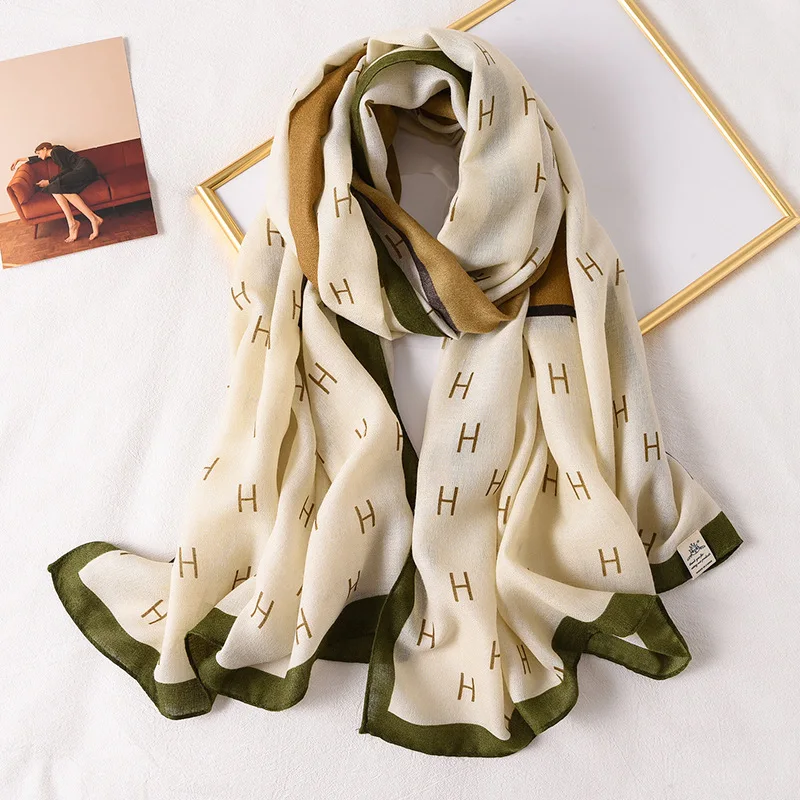 Manufacturer hot sale fashion wide woman cotton shawls high quality luxury branded logo viscose letter printed scarf hijabs