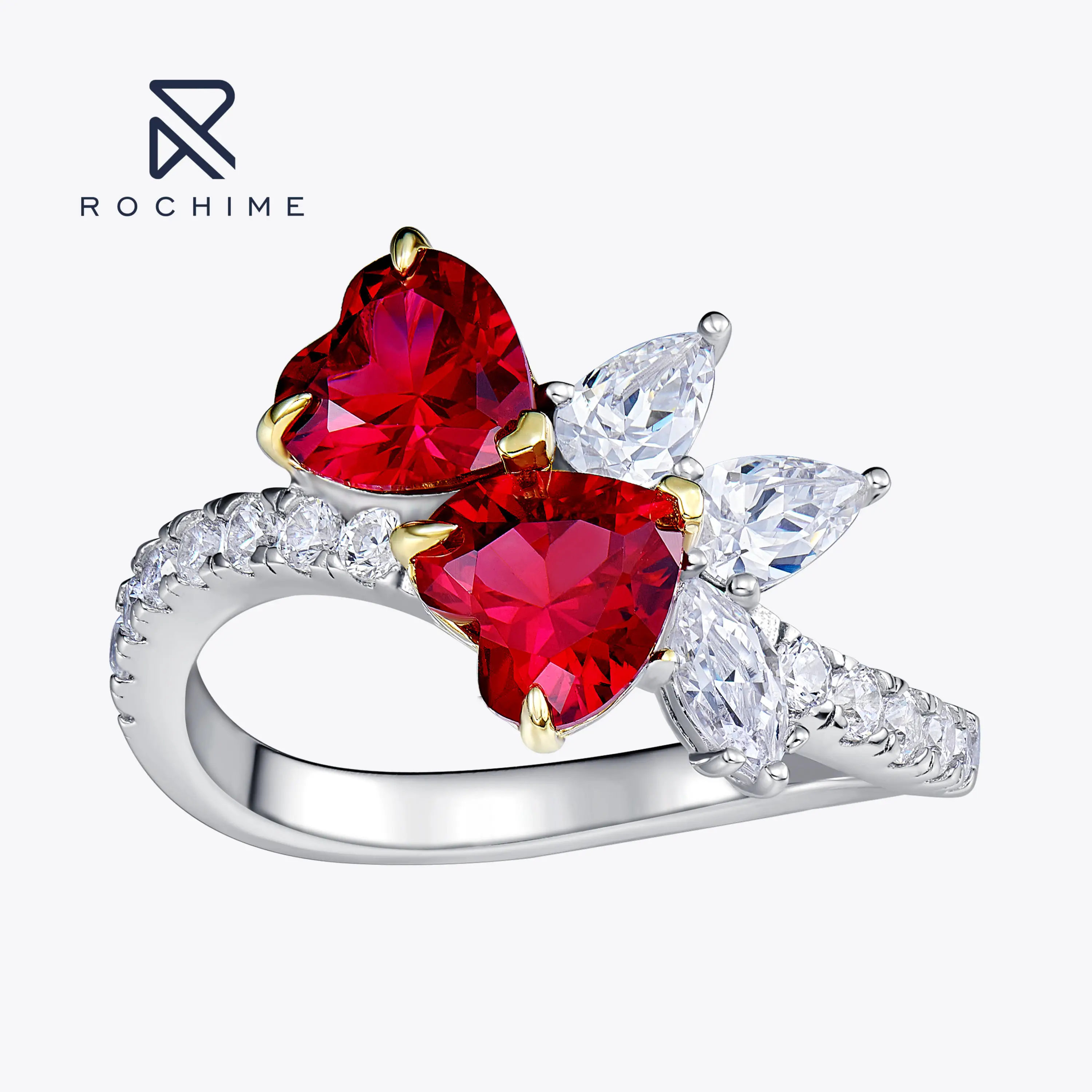 Rochime romantic sweetheart cluster synthetic ruby ring 925 sterling silver gold plated jewelry for women
