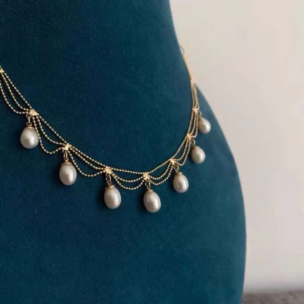 Explosion style struck lace multi-bead necklace peas chain 7-8mm  high quality freshwater rice pearl necklace ladies necklace