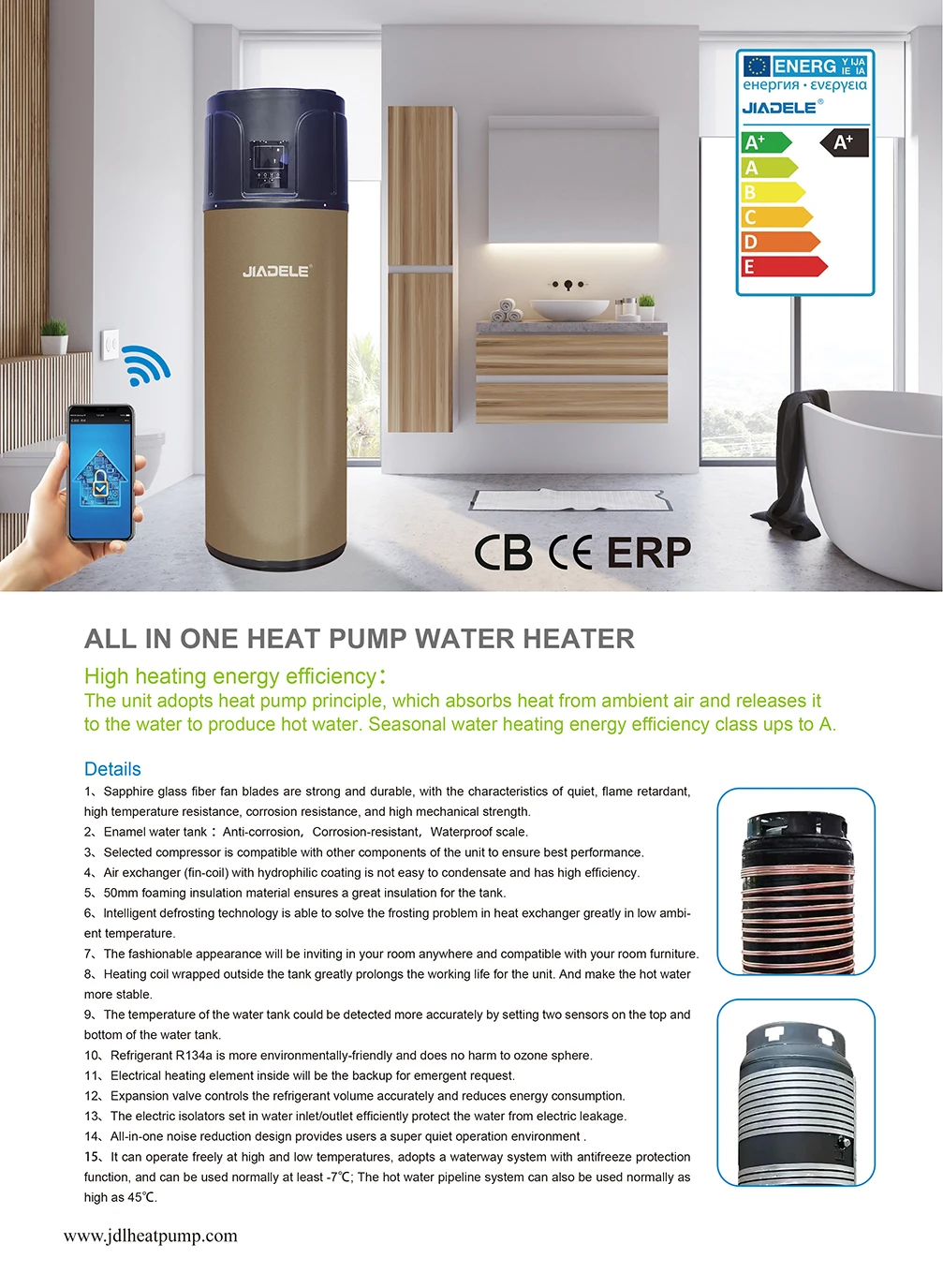 JIADELE China factory wifi smart 300L Storage domestic hot water heater R290 all in one air to water heat pump for bathroom