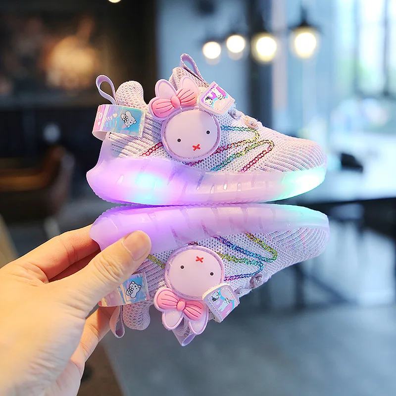 Ivy82103A Fashion Kids sweet bright sneakers girls daily causal net shoes baby cartoon design flying woven sports shoes with LED