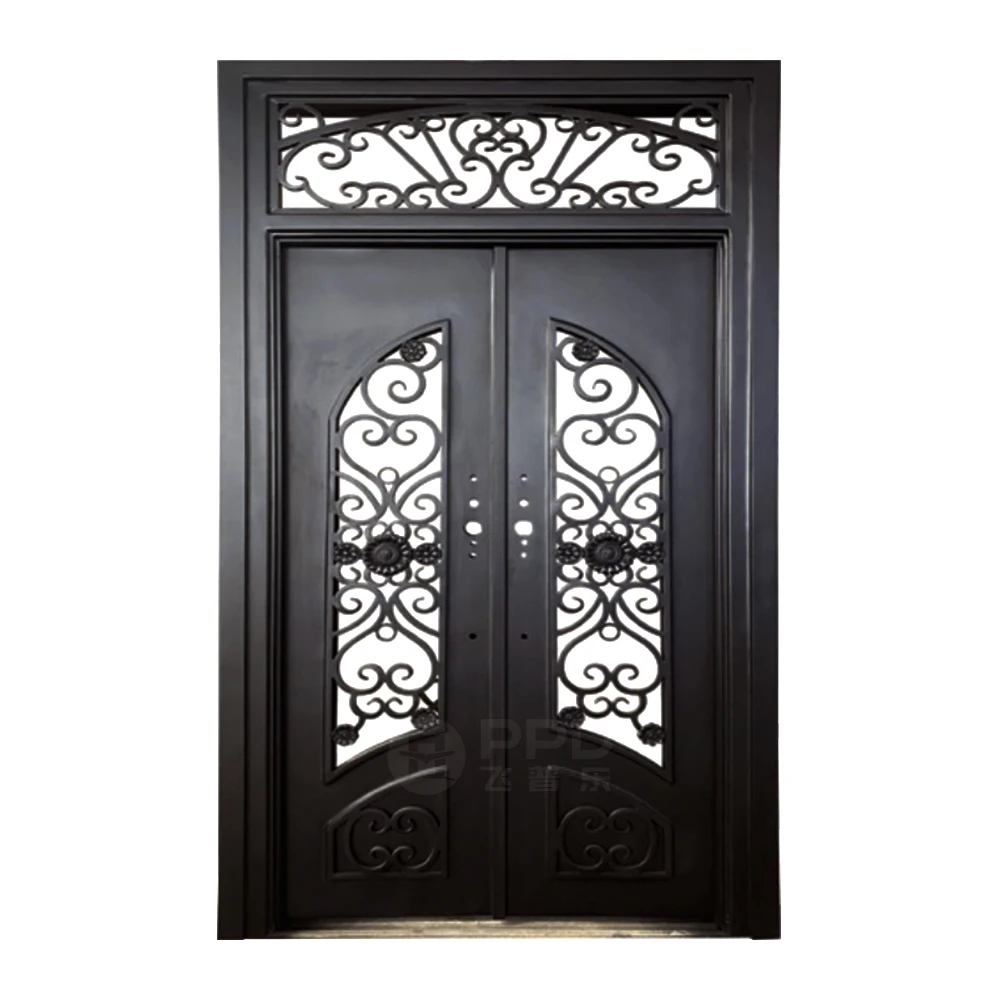 Villa Luxury Metal French Arch Double Main Double Doors Safety Security Entrance Wrought Iron Doors With Glass