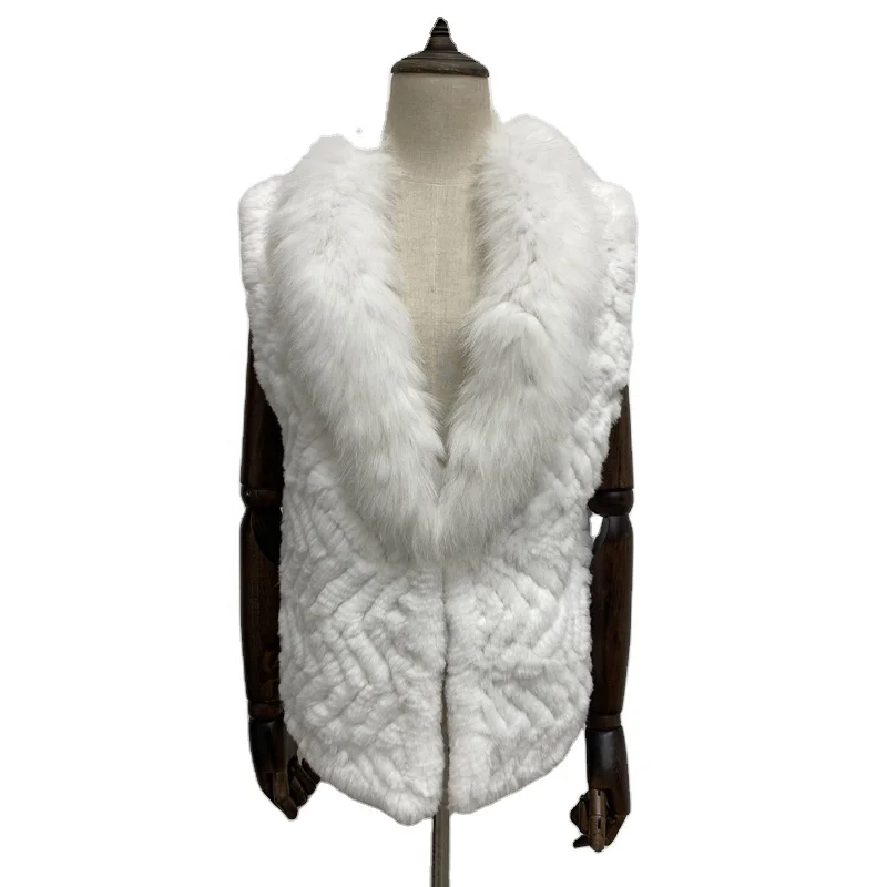 2020 Autumn Winter  Real Rabbit Women Fur Vest  Knitted Rabbit Fur V- Vest For Ladies Warm White