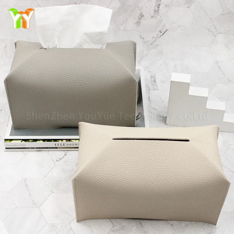 Soft PU Leather Tissue Box Rectangular Custom Logo Tissue Box Holder With Stick On Bottom For Living Room Kitchen
