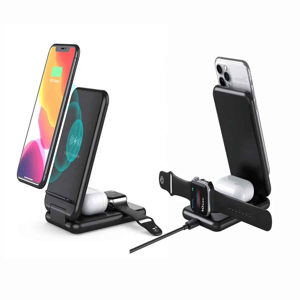 
New Foldable 15W Fast Charge Qi Certified 3 in 1 Wireless Charger Stand Folding Charging Station Dock for iPhone 12 Mini Max Pro 