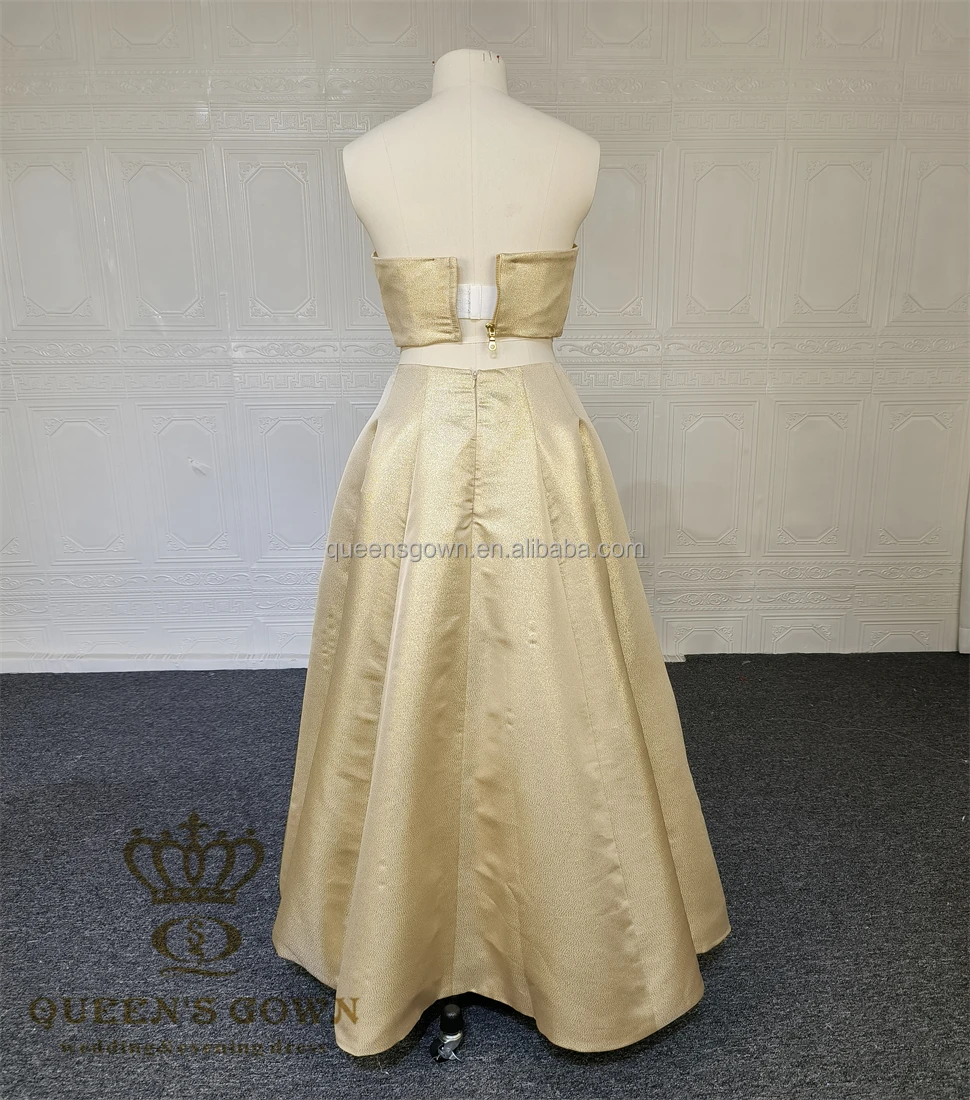 QUEENS GOWN Custom Made Strapless Two Pieces Party Dress Classic Golden Glitter A-line Slit Evening Dress