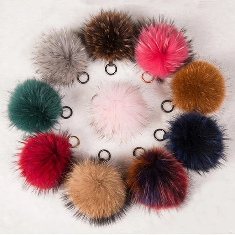 Wholesale Big Real Fluffy Colorful Raccoon Fur Ball Key chain with Many Colors Pom poms