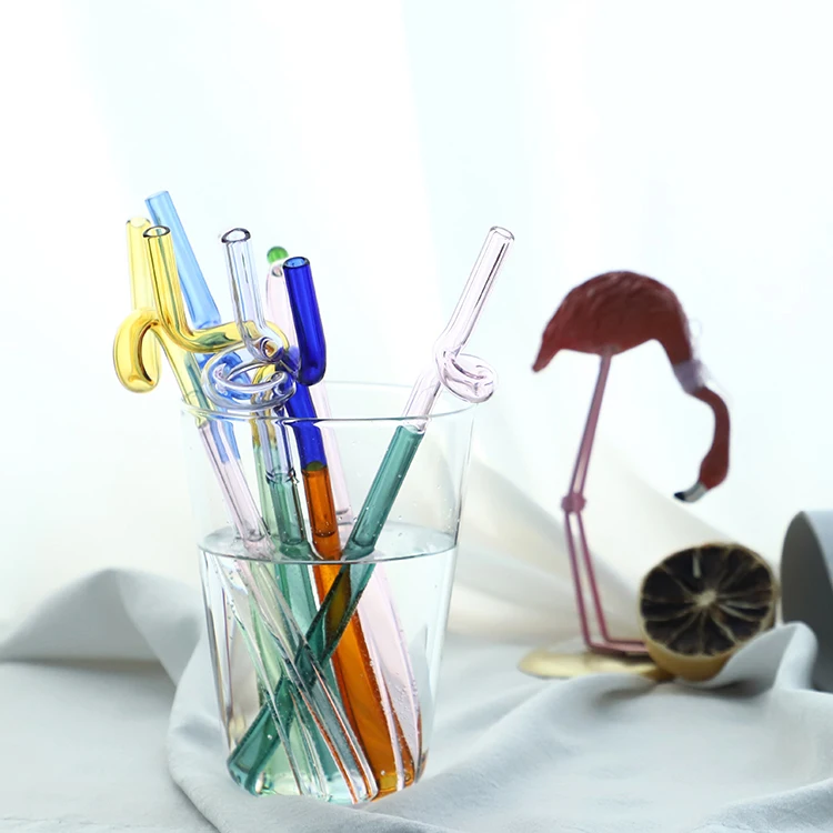 High quality custom reusable cute flower colored bent cupful borosilicate glass straw with charm hook design set