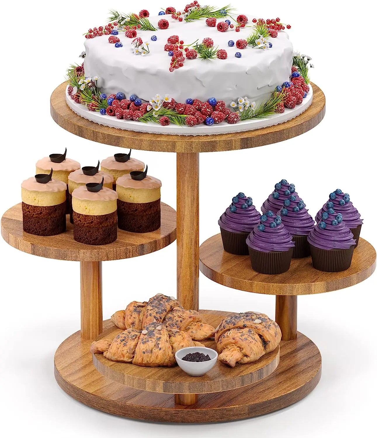 Wholesale Acacia 4 Tier Round Cupcake Tower Stand for Display,Acacia Wood Cake Stand with 4-Tiered Tray Decor for Wedding,Party