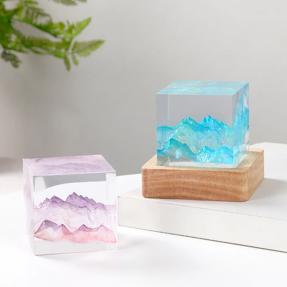 Epoxy Resin Cube LED Night Light Handmade Miniature Landscape Ornaments Birthday Gifts Home Decor Bedside Table Lamp