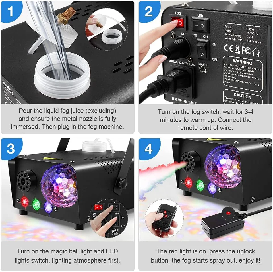 Smoke Machine Disco Ball Light 600W Fog Maker RGB LED light 2300 CFM Spray Remote Control For Halloween Christmas Wedding Party