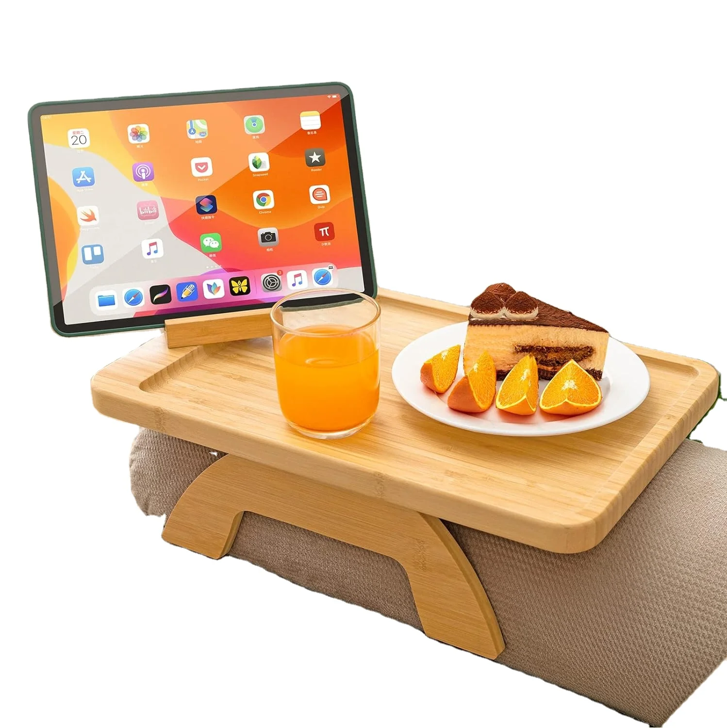 Bamboo sofa arm tray for wide sofa arm, folding sofa clip side table, with 360 degree rotating mobile phone holder