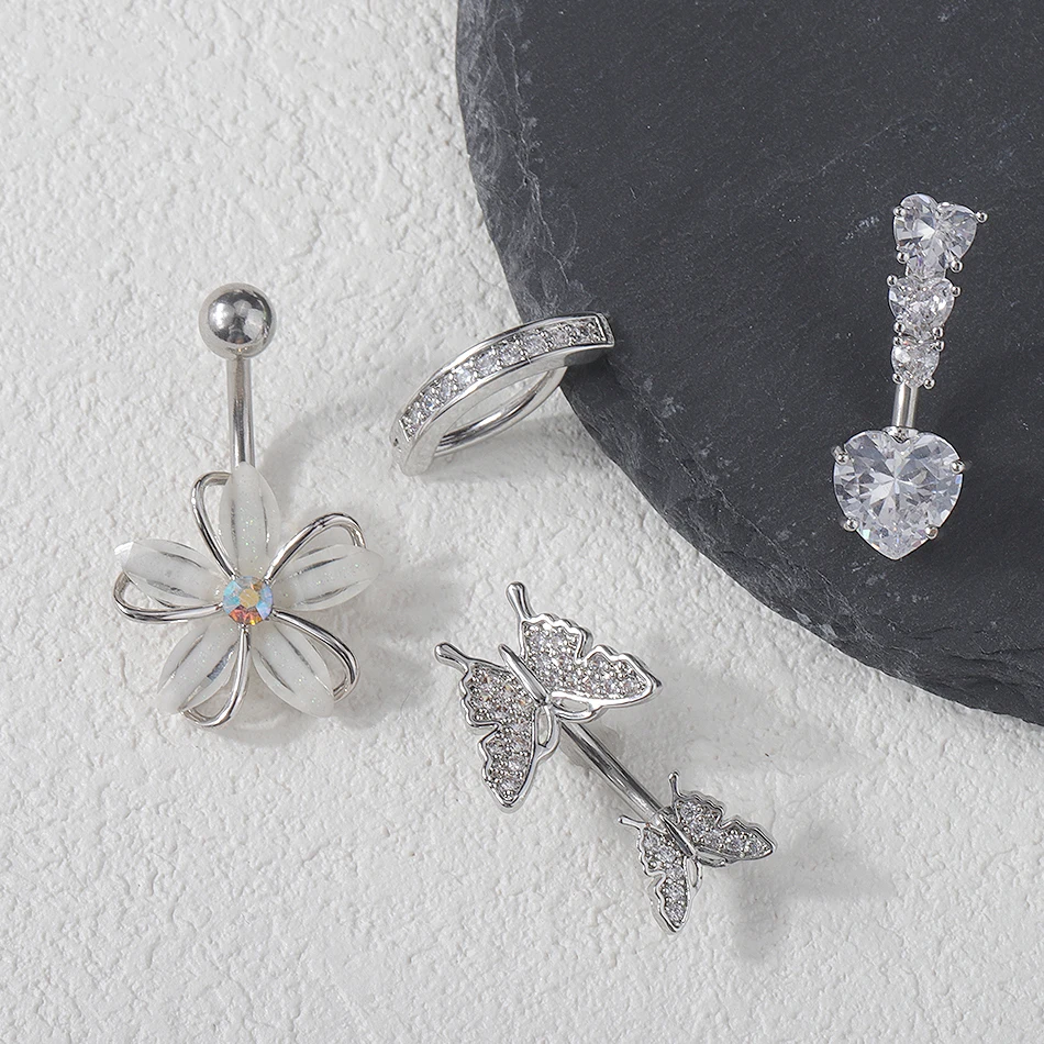 316L Stainless Steel Belly Button Rings Butterfly Flower Curved Barbell Crystal CZ Navel Rings Body Piercing Jewelry