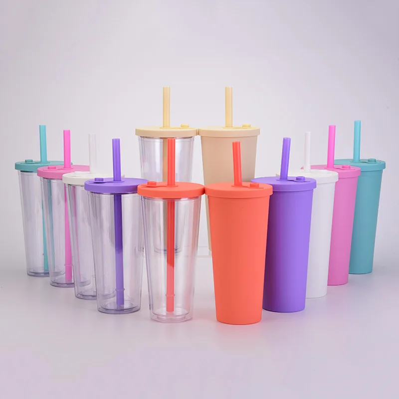 Wholesale Solid Candy Colors Double Layer Plastic Tumbler 24 OZ Coffee Mug 700 ML Tumblers Clear Plastic Cup with Lid and Straw