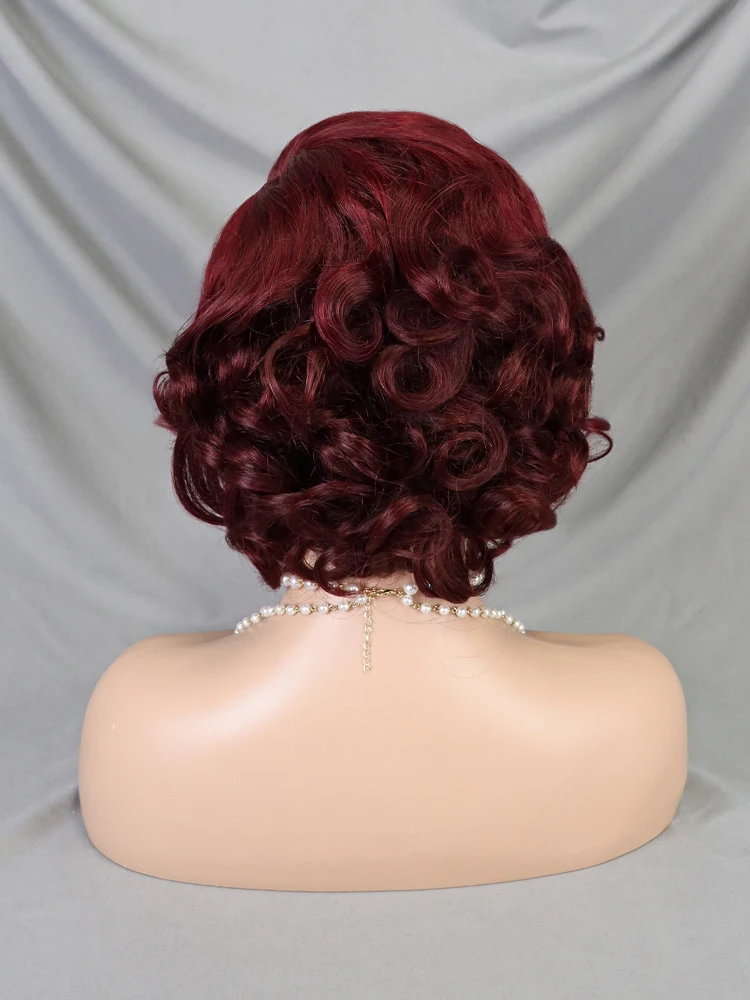 Cheap #99j Color 13x4 Lace Frontal Bob Wig Bouncy Curls Short Human Hair Wigs For Black Women Natural Pixie Cut Wig Wholesale