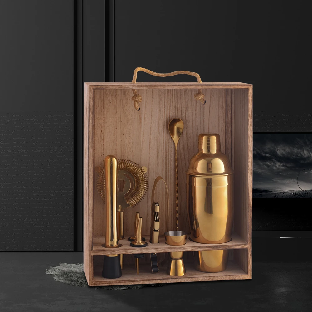 Factory Custom Various Styles Capacity Wooden Box Logo Set Colours Bartender Kit Martini Stainless Steel Shakers Cocktail