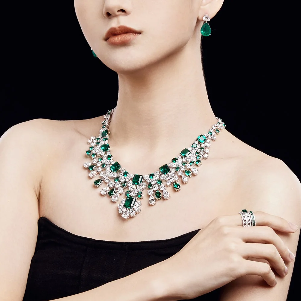 Emerald S925 Sterling Silver Custom Cz Cubic Zirconia Stone Tennis Necklace Designs Big Diamond Necklaces For Women Bride Gift