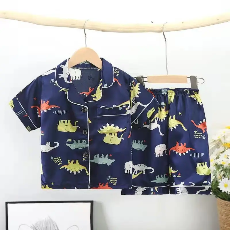 
Childrens summer wear pijama suit silk short sleeve sleepwear thin cardigan cartoon home clothes print pajamas set for boy 