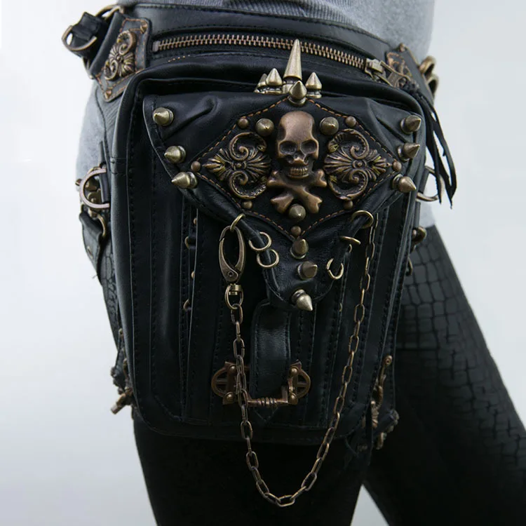 Trendy retro locomotive bag women mobile phone waist  leg bag rivet skeleton waist bag