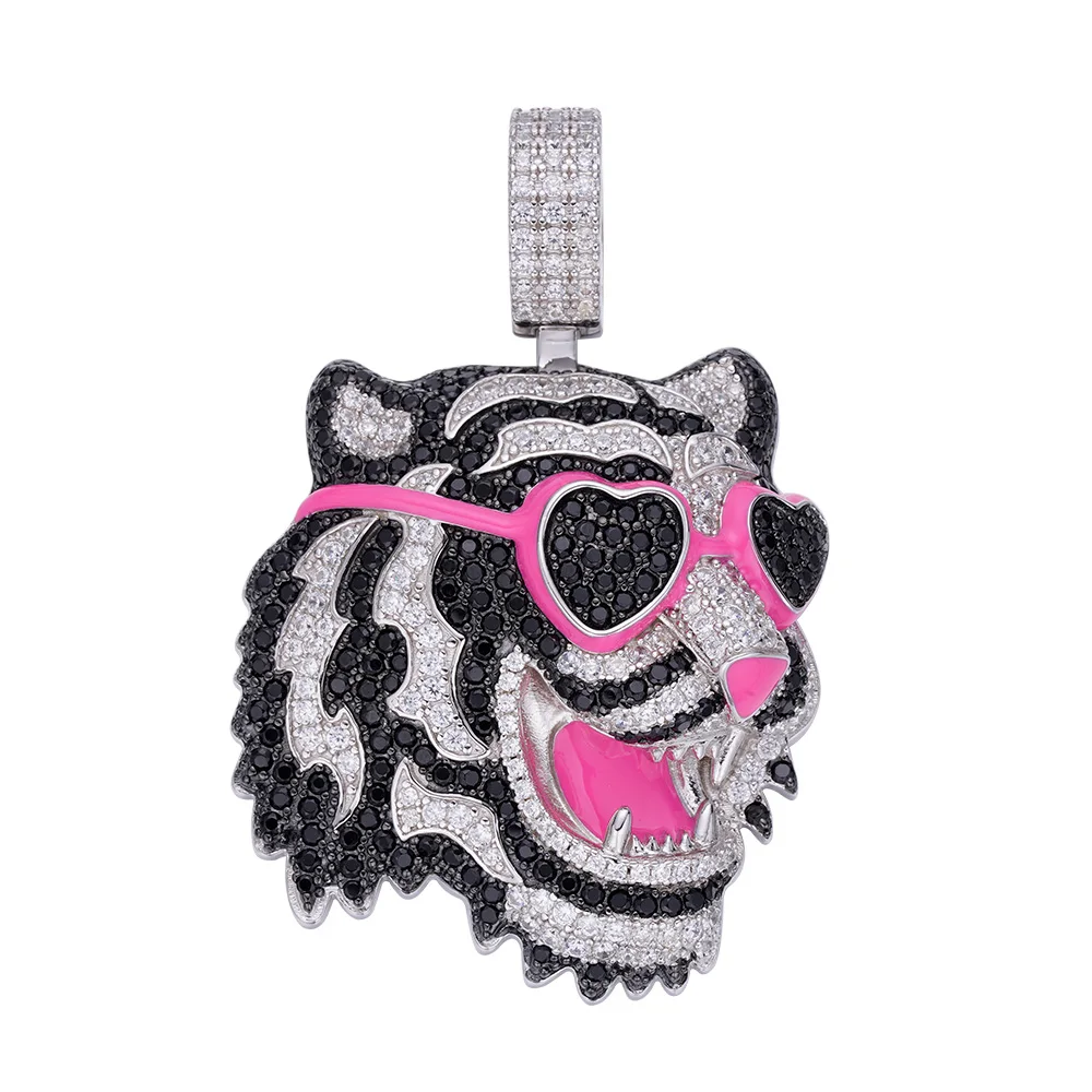 Full Iced Bling Out Black Clear Zircon 925 Hip Hop Style Fashion Design Gorgeous Hot Pink Enamel Jumbo Fierce Tiger Head Pendant