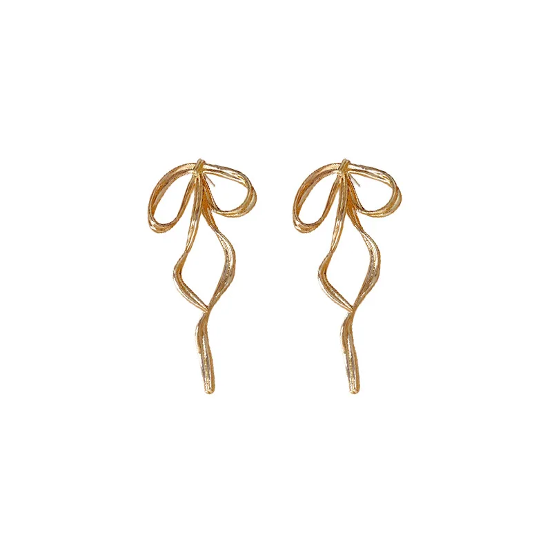 Silver Needle Metallic Twisted Ribbon Bowknot Stud Earrings Light Luxury Temperament European and American Exquisite High-Grade