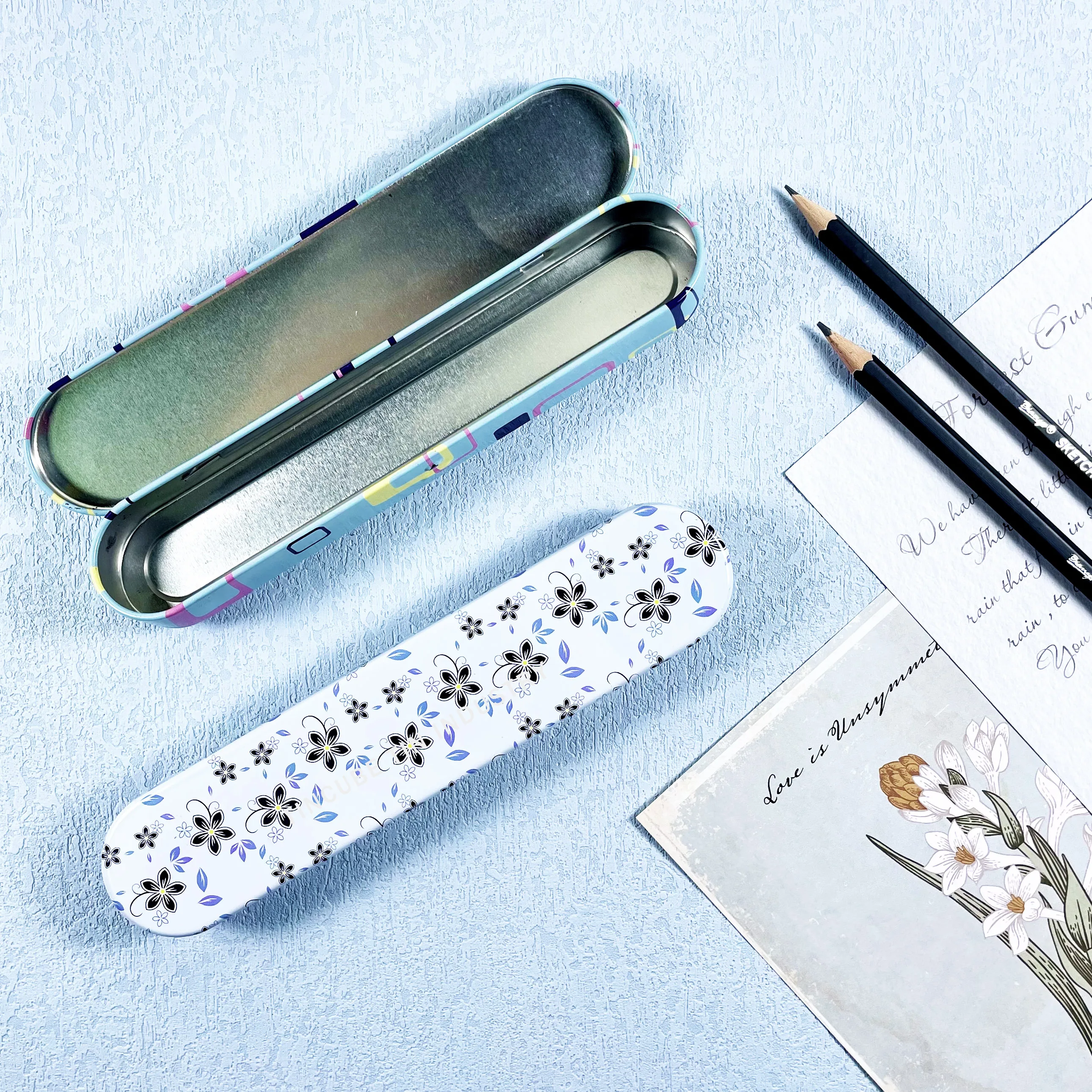 Custom metal pencil case stationary tin box small rectangular tinplate box with hinge