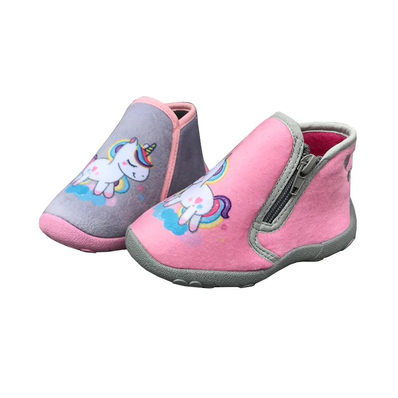 Cute pink grey color unicorn rainbow printed upper side zip non flip TPR sole children indoor home shoes
