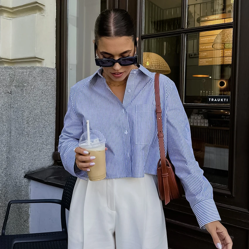 OOTN Casual Pockets Sexy Crop Tops Women 2024 Autumn Long Sleeve Office Lady Blue Shirts Blue Stripe Shirts For Women