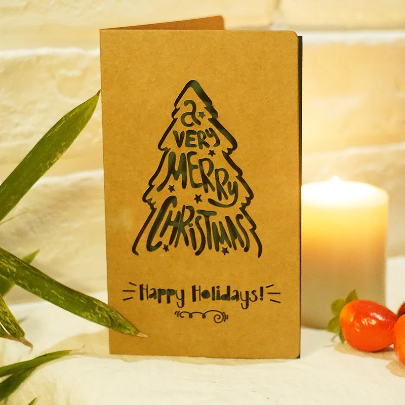 Custom High Quality Kraft Paper  Retro vintage Hollow Laser Cut Design Promotional Christmas Wishes Christmas Greeting Cards