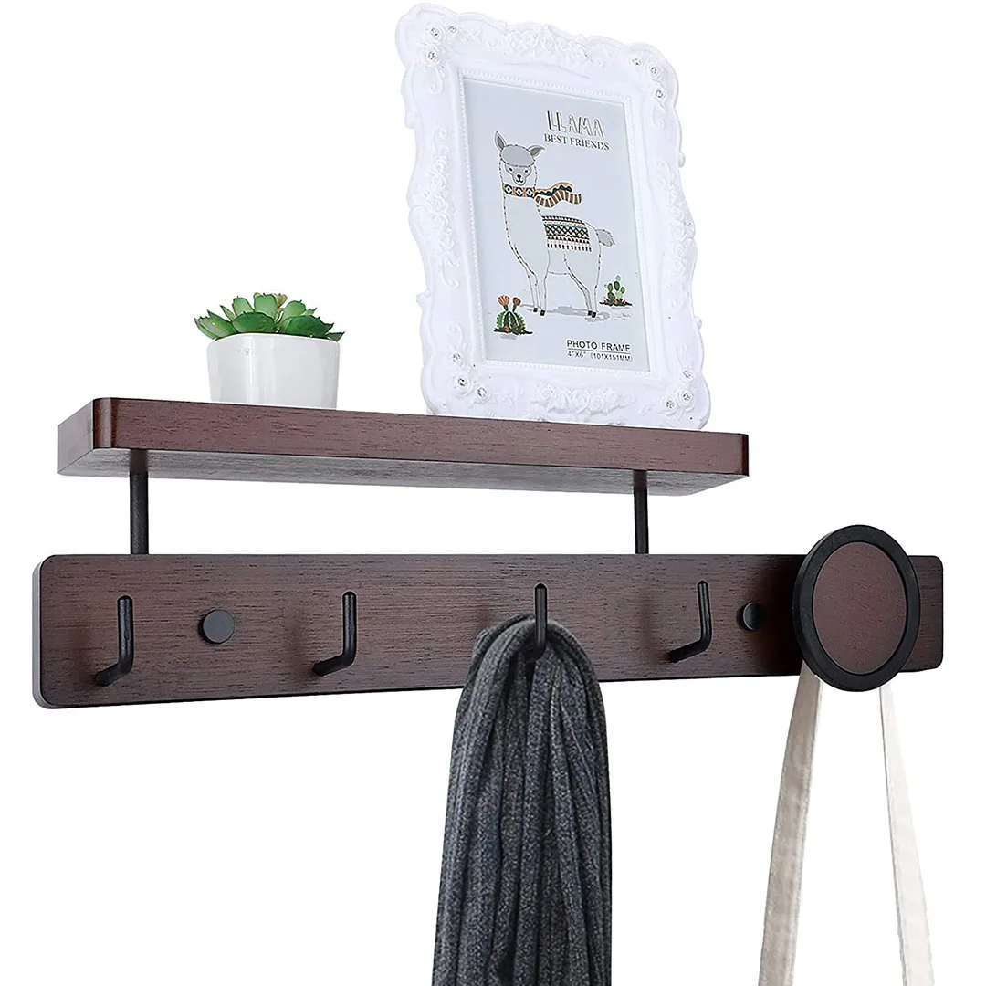 Hot selling Rustic Bamboo Floating Shelves Entrance Coat Rack with Shelf and 5 Hooks beauty supply store shelf