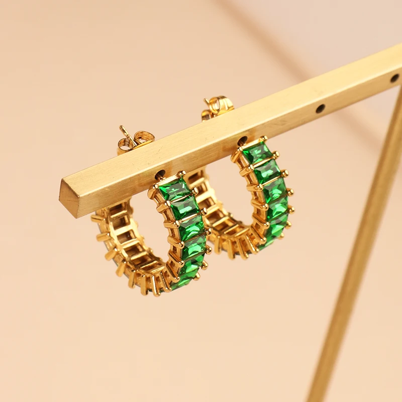Stud Custom Earring Green Zirconia Gemstone Earring Bezel Iced Out Setting Rhinestone Hoop Earring Jewelry