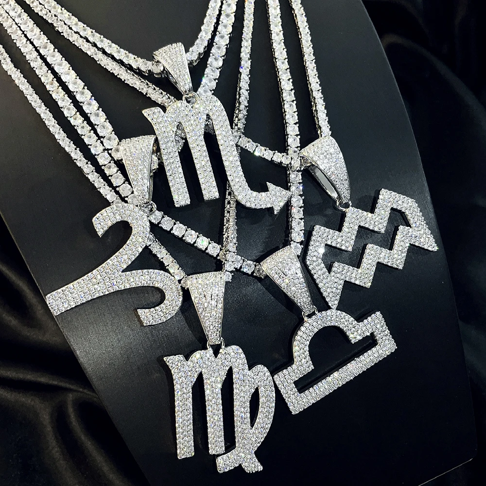 hip hop iced out filled cz big size silver sign zodiac pendant necklace