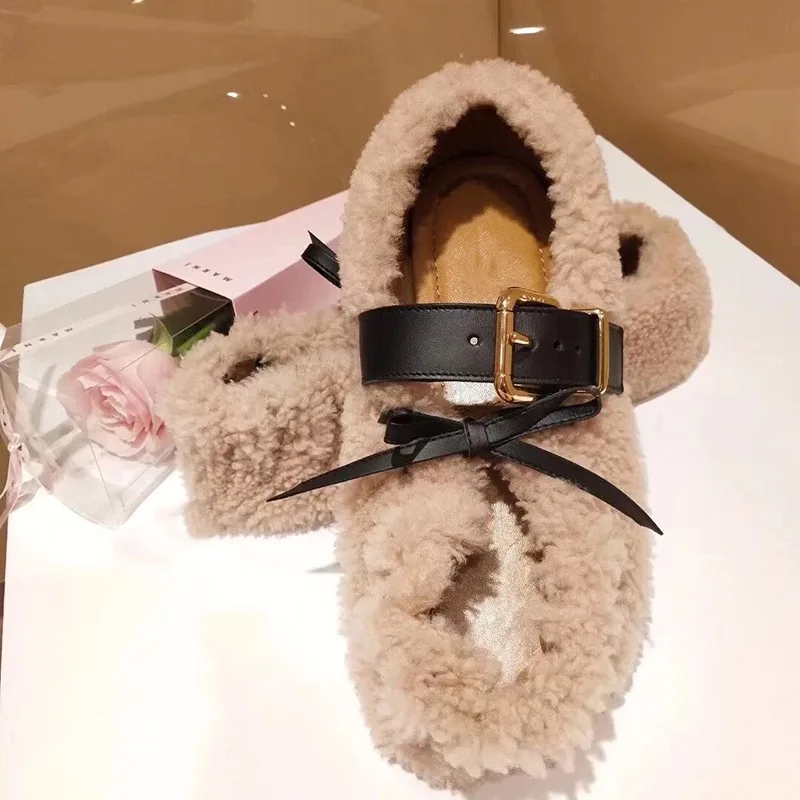 Женские туфли на плоской подошве из натурального меха ягненка, Высококачественная женская обувь на плоской подошве со шнуровкой
