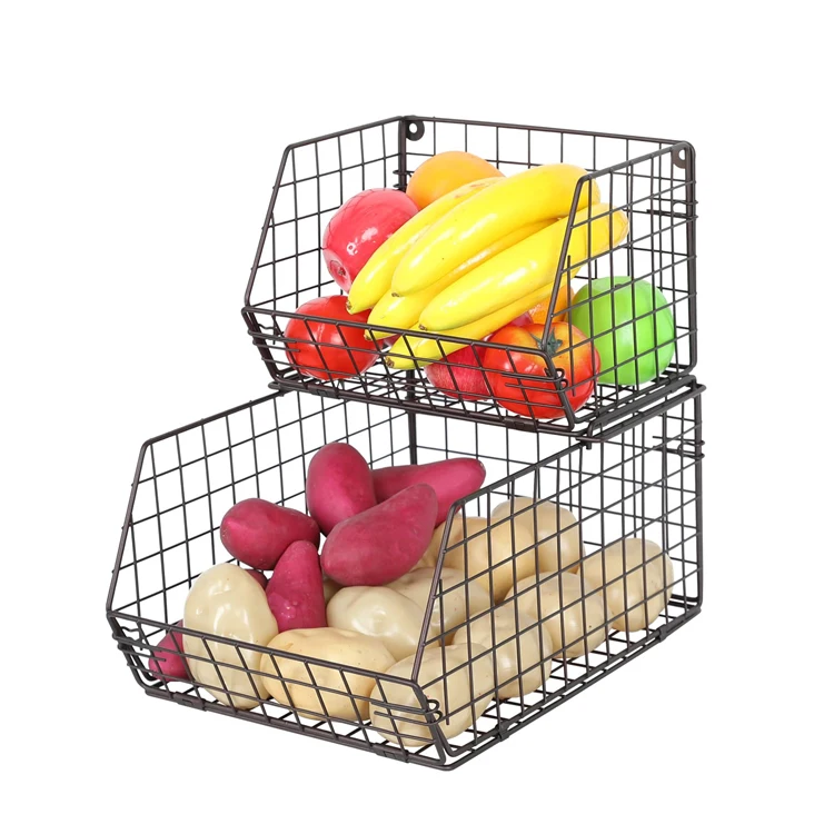 Kitchen Countertop 2 Tier Fruit Basket Fruit Veggies Snack Rack Metal Fruit Storage Basket