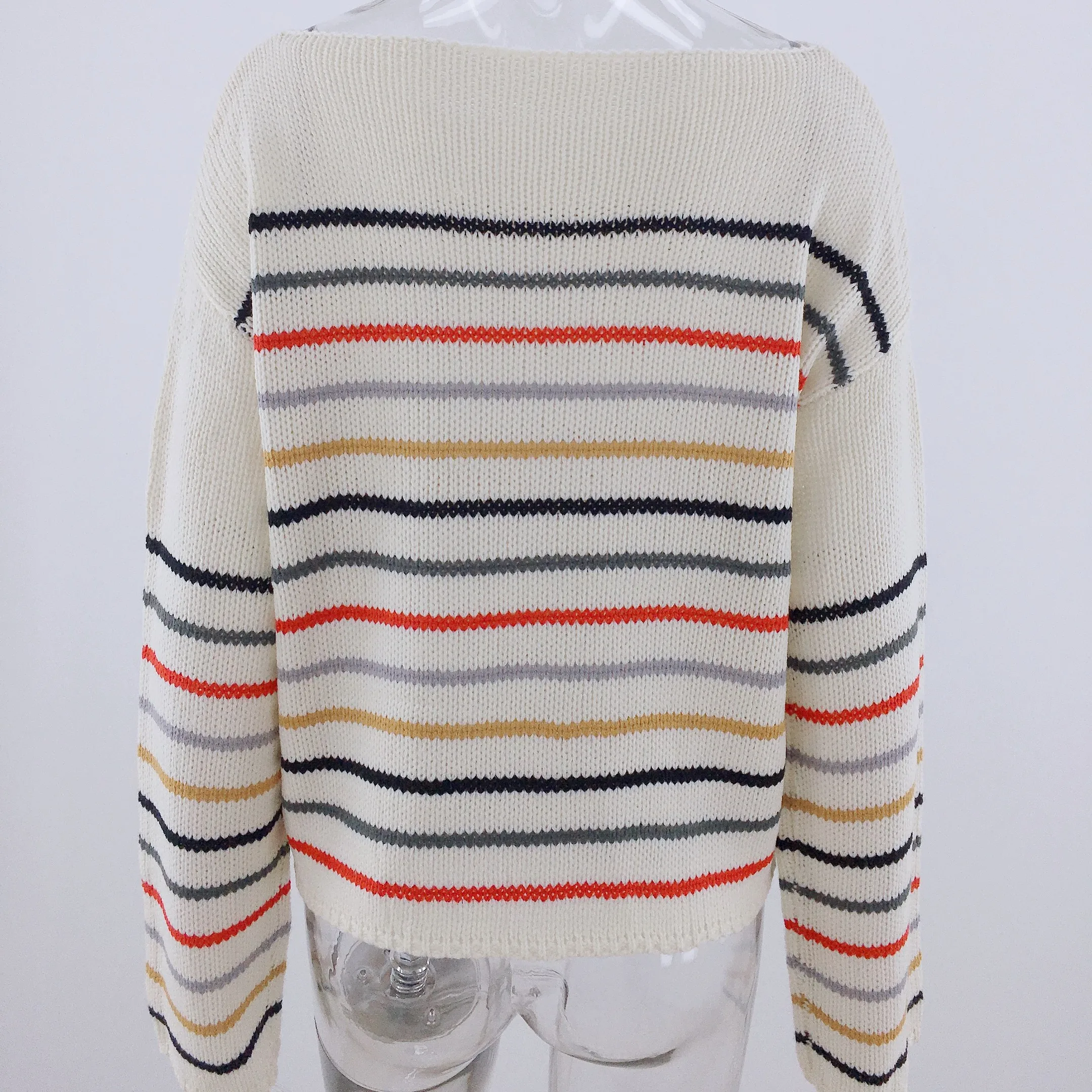 
Fall New Casual Style Rainbow Stripe Top Long Sleeve Women Knitted Sweater On Sale 