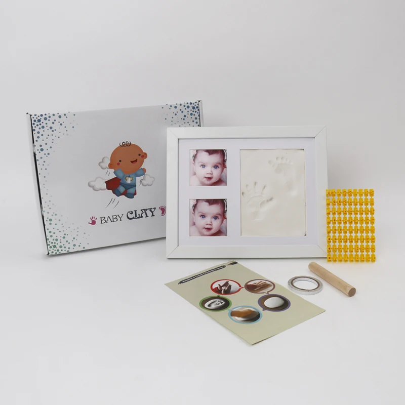 Baby Handprint & Footprint Kit (Date & Name Stamp) Clay Hand Print Picture Frame for Newborn - Best New Mom Gift