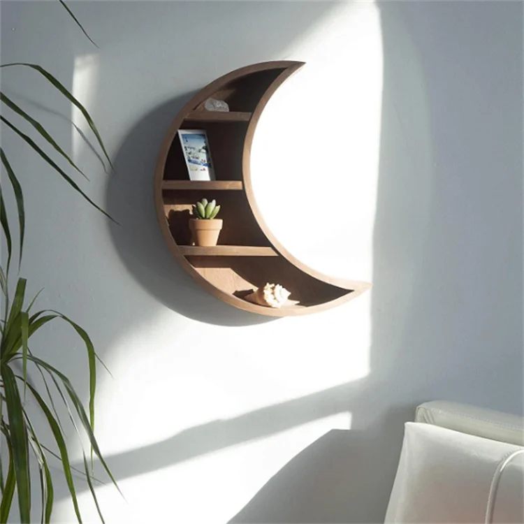Novel design custom color wood boho style crescent moon shelf wall decor storage shelves