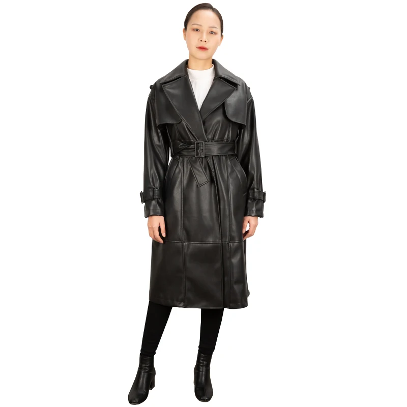 
2021 Customized Women Trench Coat Windproof Long Leather Jacket 