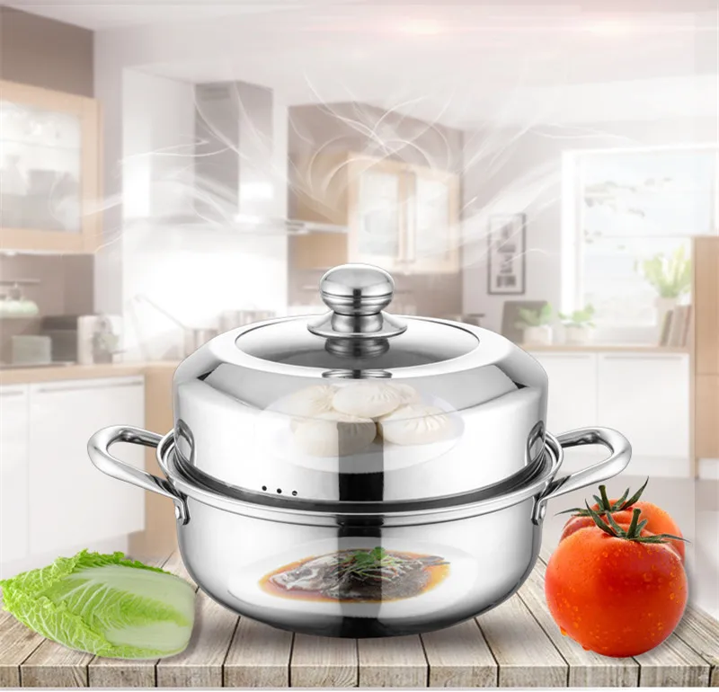 Multifuctional Stainless steel steaming pot 2-layer steamer casserole Tempered Glass Lid and handles