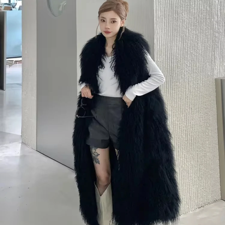 Fashion Mongolian Fur Vest Long Winter Warm Real Lamb Wool Fur Clothes Genuine Sheep Fur Waistcoat For Ladies