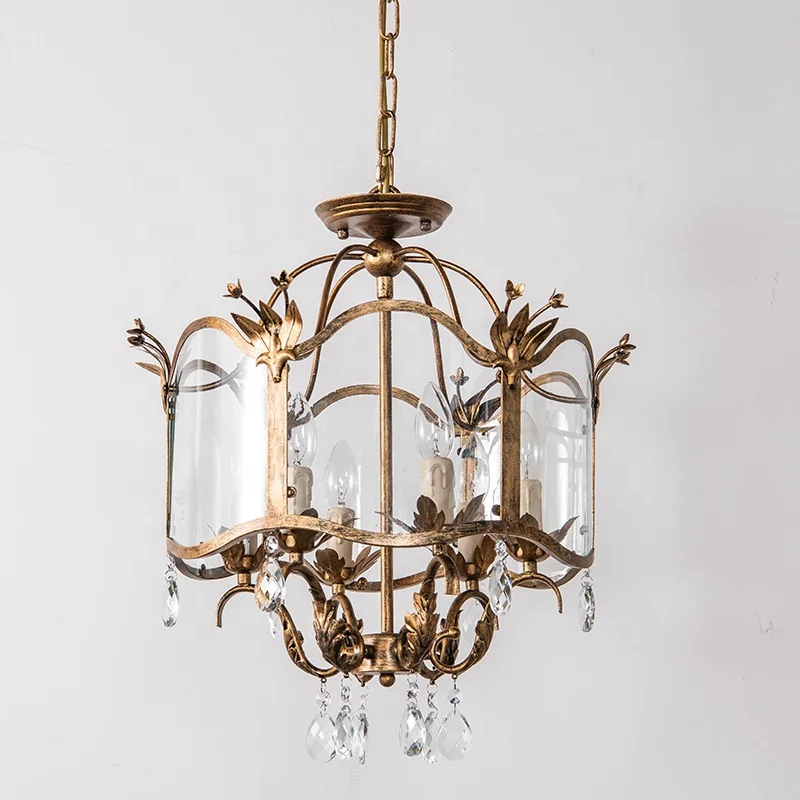 New french chandelier glass drum pendant light antique gold crystal ceiling light