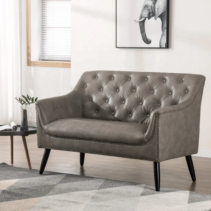 
American style pu leather grey upholstered nailhead living room sofas love seat 