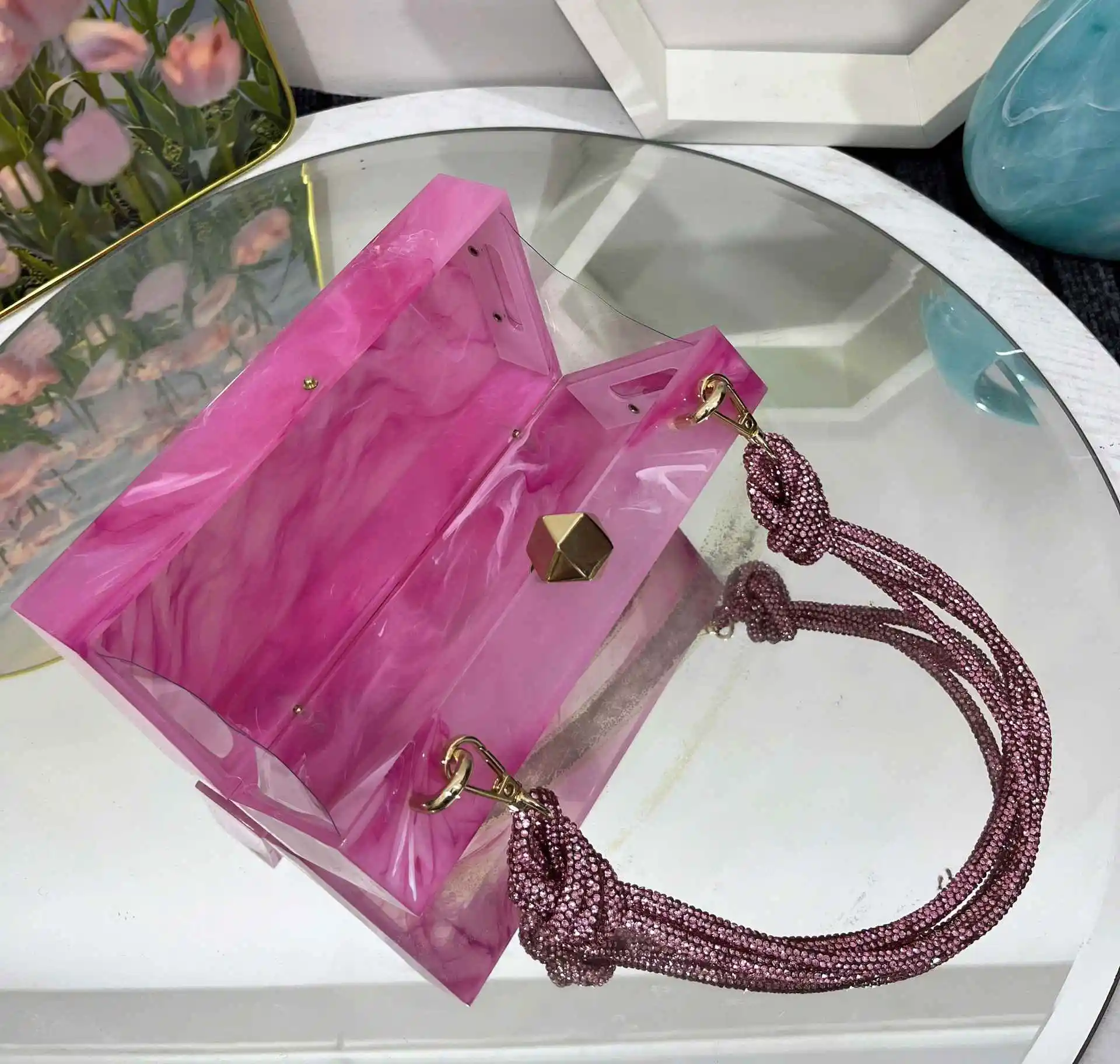 Fashion New Hot sale women colorful acrylic clutch bag with rhinestone strap box girls evening purse