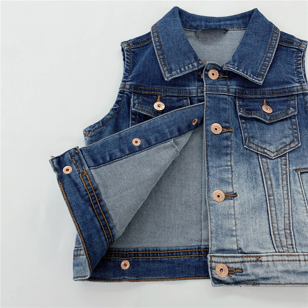 Spring Fall kids clothing blue cowboy street wear washed kids denim jean sleeveless jacket utility denim vest for baby boys