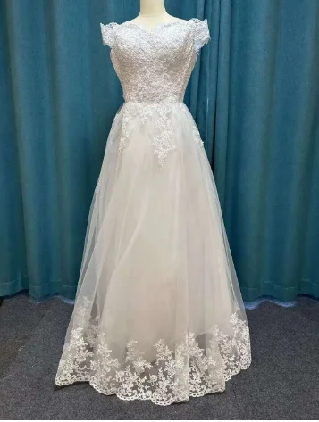 Simple White Lace Wedding Dress One line Shoulder Bridal Dress Temperament Mid-waist Lace-up Wedding Dress