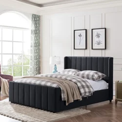 Nordic Bedroom Furniture Navy Blue Fabric Upholstered Queen-Size Bed Frame