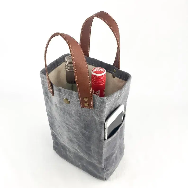 Promotional Eco Friendly Special Wine Beer Bottle Holder Bags Drink Cooler Waxed Canvas Tote Wine Bag With Handle